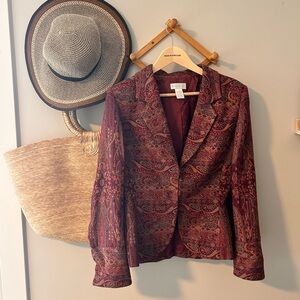 Vintage Tapestry Blazer – Burgundy Rust Sage Woven Jacket | Boho Cottagecore